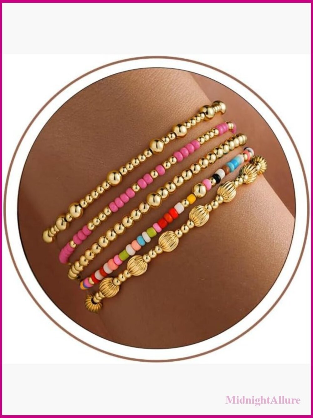 5PCS Gold Beaded Stackable Stretch Bracelets for Women